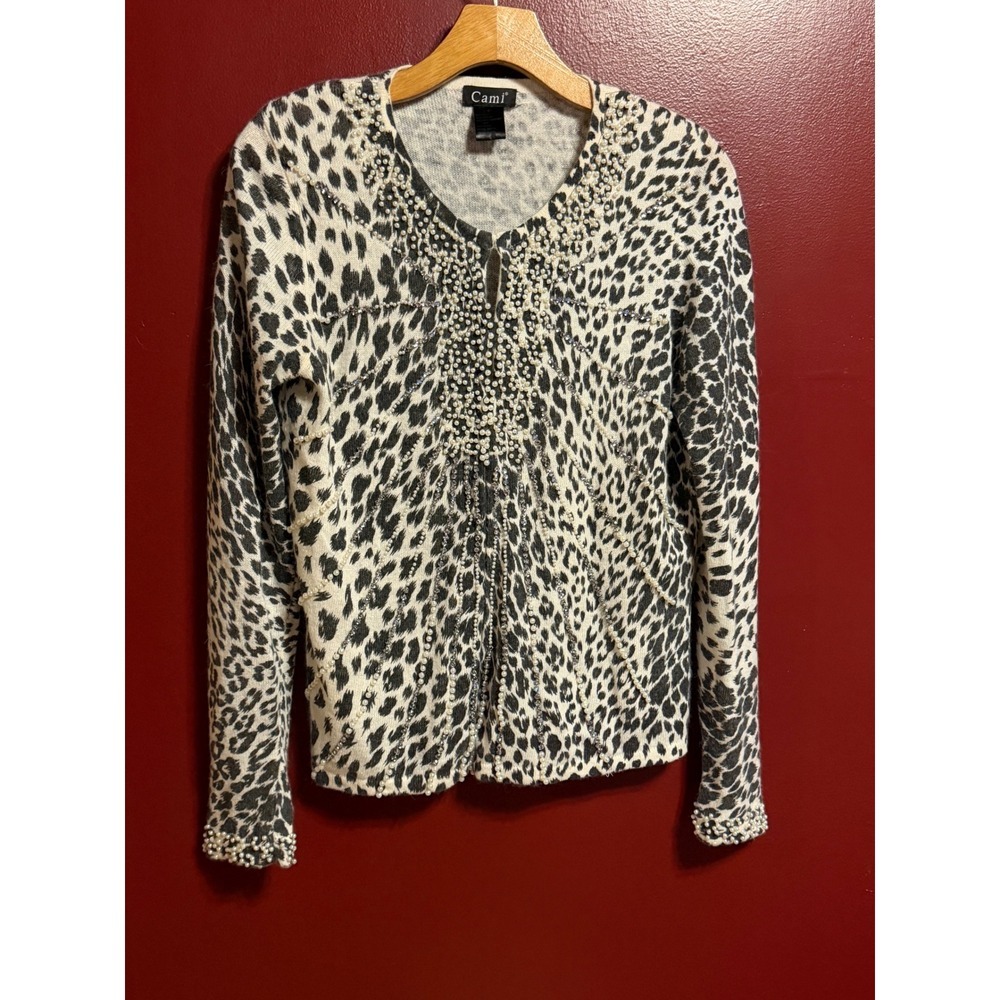 Cami Leopard Print Angora Blend Cardigan Size‎ S Pearl Rhinestone Embellished